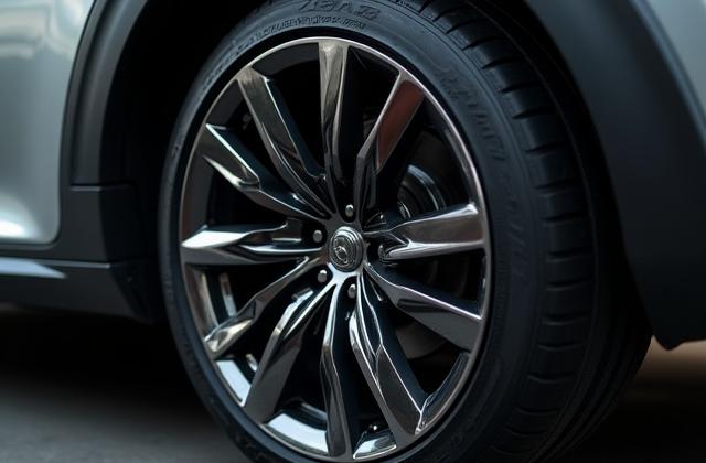 Sparkling clean chrome wheel and tire with detailed tread, reflecting light