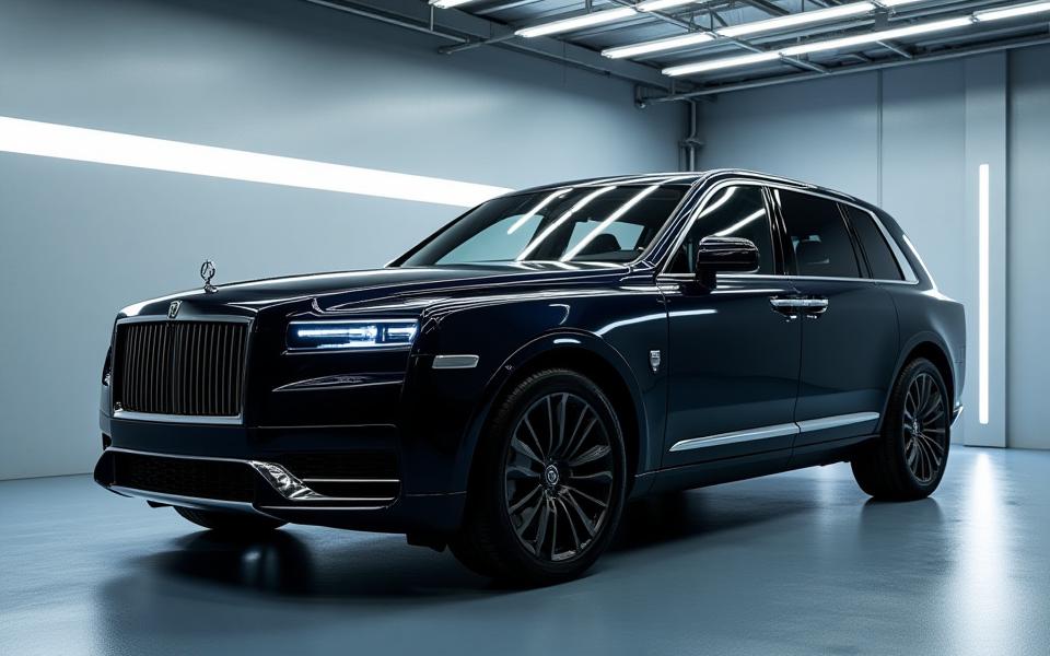 Full shot of a pristine, freshly washed luxury SUV glowing under soft light