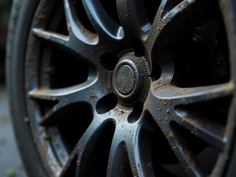Close-up of a car wheel heavily caked in black brake dust