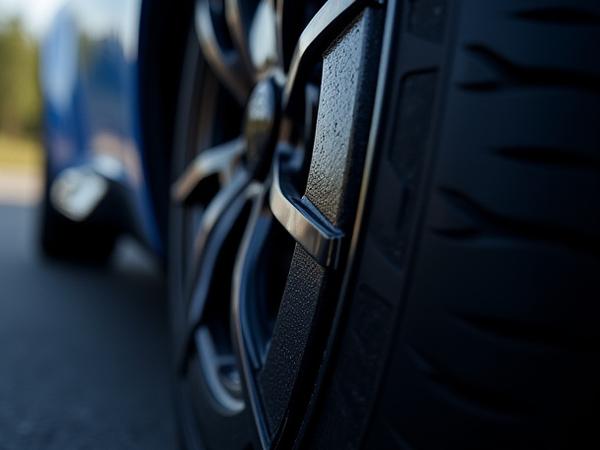 A perfectly dressed car tire with a deep, satin shine, showcasing meticulous detail.